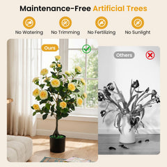 Artificial Camellia Tree Faux Flower Plant in Cement-Filled Pot-Yellow