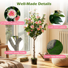 Artificial Camellia Tree with 27 Blossoms in Cement Pot for Home-Set of 1