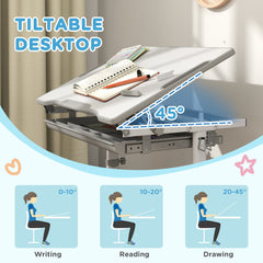 Height Adjustable Study Table and Chair Set with Drawer, Pen Slot, Tiltable Desktop, Hook, Blue