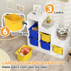 3 Layers Toy Storage Organizer Kids Bookshelf Children Toy Storage w/ 6 Plastic Bins, Green