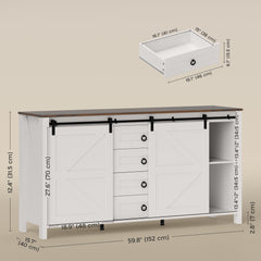 60" Buffet Cabinet, Farmhouse Sideboard with Sliding Barn Doors, Drawers and Adjustable Shelves, Cream White