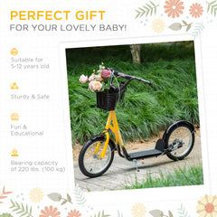 Kick Scooter with Adjustable Handlebar, Kids Scooter with 2 Brakes Basket Cupholder 16" Inflatable Rubber Tyres Orange