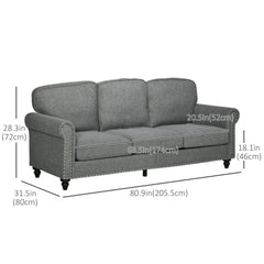 3-Seater Sofa Couch, 81" Modern Upholstered Linen Fabric Sofa with Rubberwood Legs, Nailhead Trim and Rolled Arms for Living Room, Bedroom and Apartment, Grey