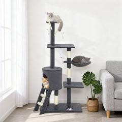 53" Cat Tree Tower, Kitten Activity Centre with Scratching Posts, Condo, Perches, Ladder, Hammock, Dangling Toys, Grey