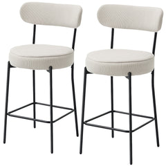 Set of 2 Barstools, Upholstered Corduroy Bar Stools with Backrest, Footrest for Kitchen Island, Dining Room, Cream White