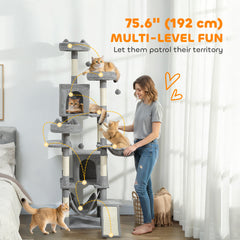 76" Large Cat Tree for Indoor Cats with 8 Scratching Posts, 3 Plush Beds, 2 Hammocks, 2 Large Condos, Ramp, Dark Grey