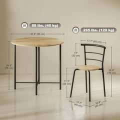 5 Piece Dining Table Set, Space Saving Round Dining Set for 4 with Metal Frame for Small Spaces, Black Wood Grain