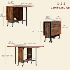 Folding Dining Table, Extendable Kitchen Table for Small Spaces with Storage Shelf and 6 Wheels, Distressed Grey