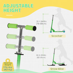 Snow Scooter, 2 in 1 Design Adjustable Height Scooter Snow Sled for Kids Aged Over 7 Years Old, Foldable Kids Sled Ski Scooter with Wheels Blades, Green