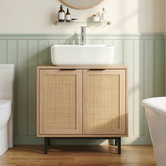 Bathroom Vanity Cabinet with U-Shaped Cut-Out 2 Rattan Doors and Shelf-Natural
