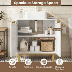 Bathroom Vanity Cabinet with U-Shaped Cut-Out 2 Rattan Doors and Shelf-White