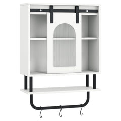 Bathroom Wall Cabinet with Sliding Barn Door and Metal Hanging Bar with 3 Hooks-White