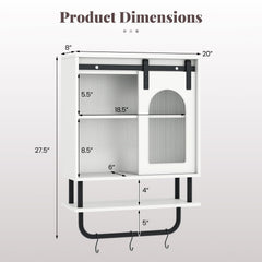 Bathroom Wall Cabinet with Sliding Barn Door and Metal Hanging Bar with 3 Hooks-White