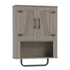 Bathroom Wall Cabinet with 2 Barn Doors and Towel Bar and 3-Tier Wooden Storage-Gray
