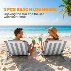2 Pieces Beach Lounge Chair, Outdoor Folding Chaise Lounge Set w/ Pillow for Sunbath, Snap, Beige