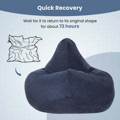 Adult Bean Bag Chair in Navy Corduroy, 35 in Wide with Shredded Sponge Filling and High Back