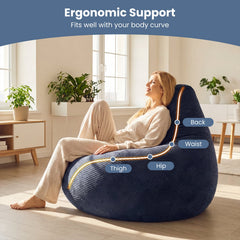 Adult Bean Bag Chair in Navy Corduroy, 35 in Wide with Shredded Sponge Filling and High Back