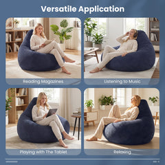 Adult Bean Bag Chair in Navy Corduroy, 35 in Wide with Shredded Sponge Filling and High Back