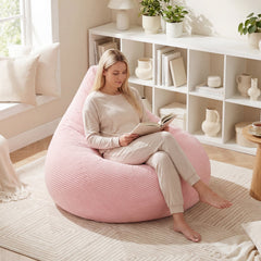 Pink Corduroy Bean Bag Chair for Adults, 35 in Wide with 28 in High Back and Sponge Filling