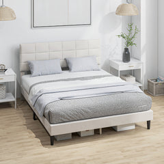 Queen Size Bed Frame with Upholstered Headboard, Modern Platform Bed Frame with Wood Slats, 1100 lbs Capacity, Cream