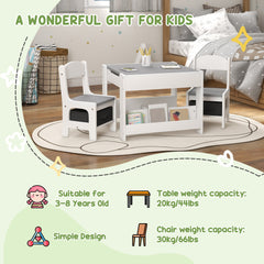 3 Piece Kids Table and Chair Set with Reversible Tabletop, Blackboard, Storage, Bookshelf, for Playroom, Nursery, Grey