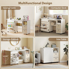Rolling Sewing Machine Table with Power Outlet, Folding Craft Table with 2 Fabric Drawers, 2 Bins and 18 Pegs, Black