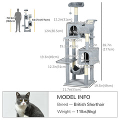 Tall Cat Tree for Indoor Cats, 70" Multi-Level Cat Tower with Hammock, Cat Bed, Cat Condo with Sisal Scratching Posts, Bluish Grey