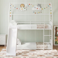 Bunk Bed Twin Over Twin House Bunk Bed Frame with Metal Slats-White