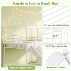 Bunk Bed Twin Over Twin House Bunk Bed Frame with Metal Slats-White