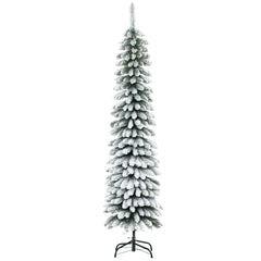 6 Ft Snow-Flocked Artificial Christmas Tree, Slim Pencil Xmas Tree with Realistic Branches, Metal Base, Green