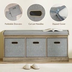 Shoe Storage Bench with Seat, Entryway Bench Seat with Cushion, 3 Fabric Drawers for Hallway, Dark Grey