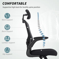 Ergonomic Office Chair, Mesh Desk Chair with Adjustable Headrest, Lumbar Support and Height, Flip-Up Armrests, Black