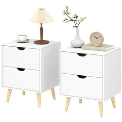 Modern Bedside Table, Nightstand with 2 Drawers and Pine Wood Legs for Bedroom, Living Room, White