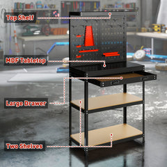 Work Bench with Pegboard, 31.5" Heavy Duty Metal Workbench with Hanging Kits, 2 Lower Shelves and Large Drawer, Black