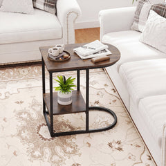 C-shaped Modern Sofa Side Table with Storage Shelf Faux and Marble Tabletop -Rustic Brown