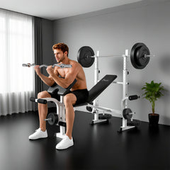 Bench Press Set Adjustable Weight Bench with Squat Rack, Preacher Curl Pad, Leg Developer and Weight Storage, White