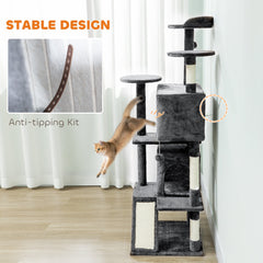 54" Cat Tree, Multi-Level Cat Tower with Scratching Posts, Cat Condos, Bed, Platforms, Ramp, Toy Ball, Beige