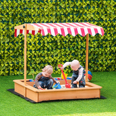 Kids Wooden Sandbox, Children Play Sand Station Outdoor with Adjustable Height Cover Lid, Bottom Liner, Seat, Plastic Basins, for 3-7 Years Old Boys and Girls