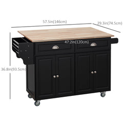 Kitchen Island with Storage, Rolling Kitchen Island with Drop Leaf, Rubber Wood Top and Adjustable Shelves, Black