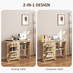 Sewing Machine Cabinet, Folding Sewing Table with Storage Shelf, Bins and Lockable Wheels for Small Space, Brown