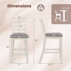Set of 2 Counter Height Chairs with Ladder Backs and Grey Padded Seats, 26 Inch Seat