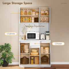 71" Pantry Cabinet with Charging Station, Kitchen Storage Cabinet with Microwave Stand, Pegboard, 6 S-hooks, Black