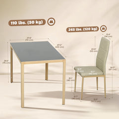 5-Piece Rectangular Glass Kitchen Table and Chairs with Metal Frame and Faux Leather Upholstery for Dining Room, Black