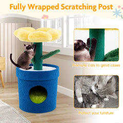 28.5 Inch Yellow Flower Cat Tree with a Petal Bed and a Pot Shaped Condo