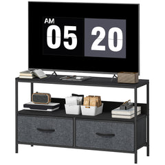 TV Stand with Charging Station, TV Table with 2 Foldable Linen Drawers and Open Shelf for 47 Inch Television, Black