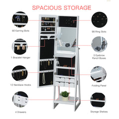 Jewellery Cabinet with Full-Length Mirror, Standing Jewelry Armoire with LED Light, White