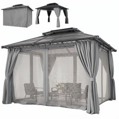 10' x 10' Outdoor Hardtop Gazebo Canopy w/ Double PC Roof, Steel Frame, Nettings, Curtains for Garden Lawn Deck, Black