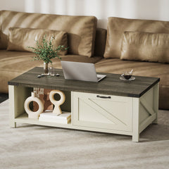 Farmhouse Coffee Table with Drawer, Open Storage Shelf for Living Room, Dining Room, Office, Distressed White