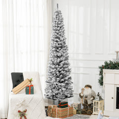 6ft Flocked Christmas Tree, Pencil Christmas Tree with Realistic Branch Tips, Folding Metal Stand, Green