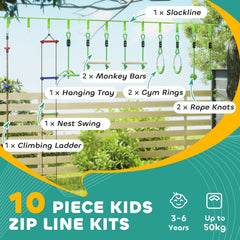 Obstacle course for Kids, with 10-Piece Slackline Kit with Monkey Bars, Gym Rings, Rope Ladder, Nest Swing, Hanging Tray